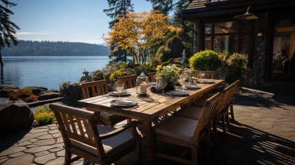 romantic outdoor dining area with lake views