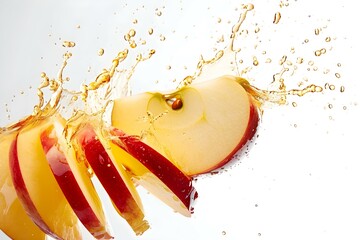 Sliced of apple with splashing juice on white background