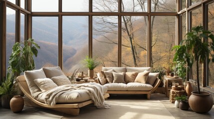 Bed with pillows, wooden furniture, potted plants, panorama. Rustic house design with ethnic decoration.