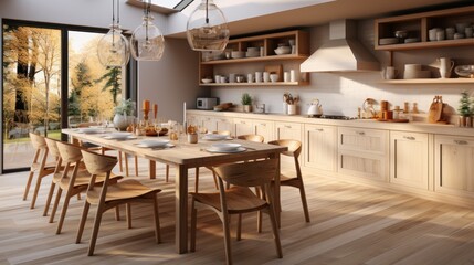 Scandinavian classic white kitchen with wooden details, minimalist interior design.