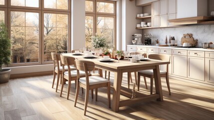 Fototapeta premium Scandinavian classic white kitchen with wooden details, minimalist interior design.