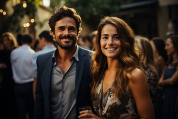 Fototapeta premium Businesspeople at an outdoor networking event, savoring drinks and contributing to a productive and collaborative atmosphere, Generative AI