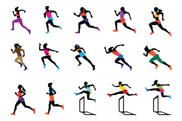 Fototapeta na wymiar Set of images of female runners. Flat vector icon for woman or woman jogging for fitness apps and websites.