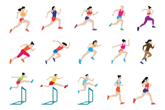 Set of images of female runners. Flat vector icon for woman or woman jogging for fitness apps and websites.