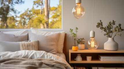 Simple light bulbs on the bed with white sheets, books on the end table