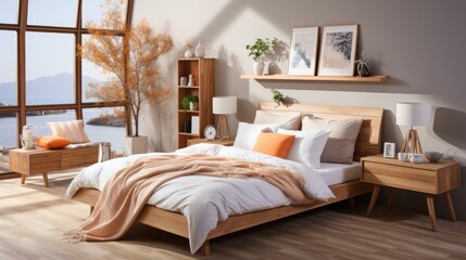 Beige bed and blanket next to stylish wooden wardrobe in elegant bedroom