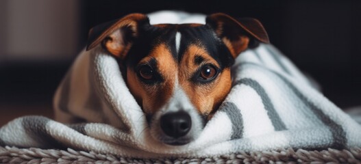 Cozy dog wrapped in blanket on comfortable rug. Pet care and comfort