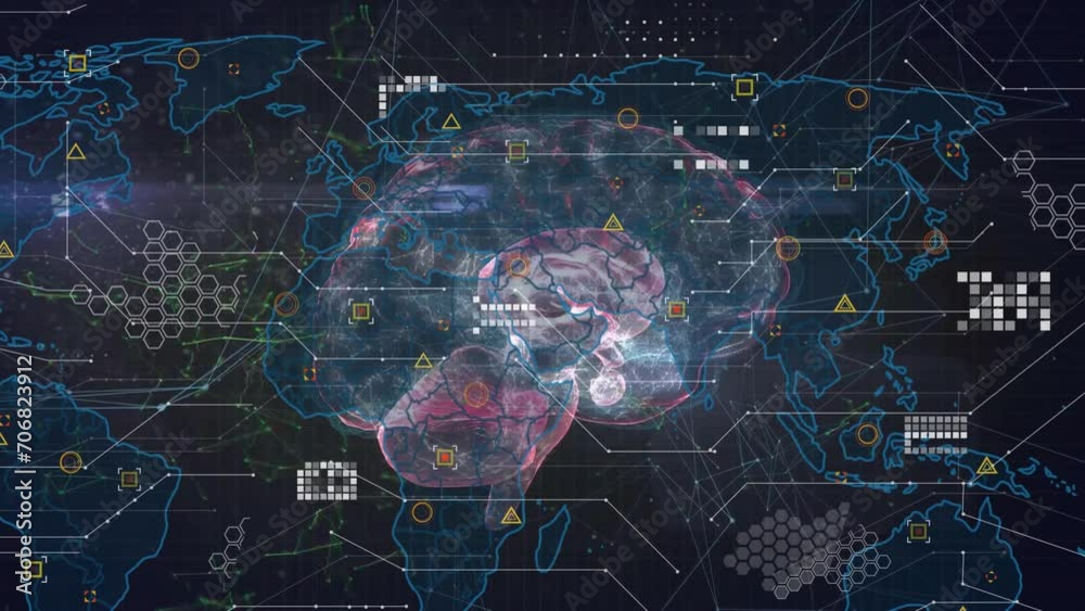 Poster animation of world map with data processing and digital brain and connections on black background
