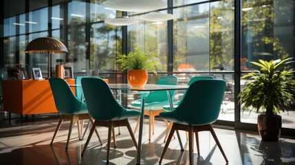 Small meeting room with glass chairs and tables.