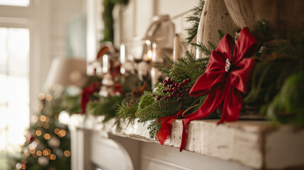 Christmas mantel with red bows and greenery