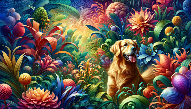 A whimsical image of a Golden Retriever in a lush, vibrant garden
