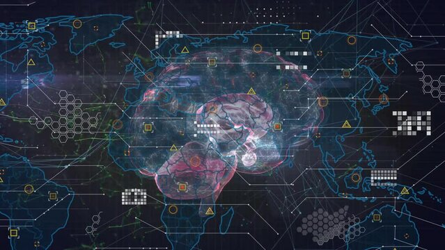 Animation of world map with data processing and digital brain and connections on black background