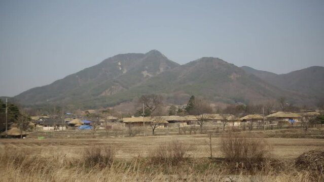 한국 충청남도 온양의 낮은 산 밑에 자리한 외암리 민속마을의 초가집 지붕이 여러채 보이는 