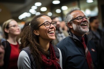 Obraz premium Group of employees singing carols and spreading the holiday spirit at an office Christmas party, Generative AI