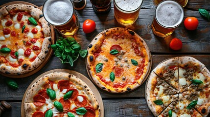 Dinner table with various delicious food. Italian pizza, beer, top view