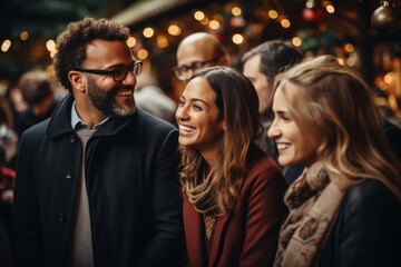 Fototapeta premium Heartwarming moment at the office Christmas party, with colleagues joining hands in a circle to express gratitude and camaraderie, Generative AI