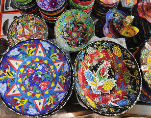 Decorative handmade ceramic plates in Istanbul grand bazaar market. Turkey