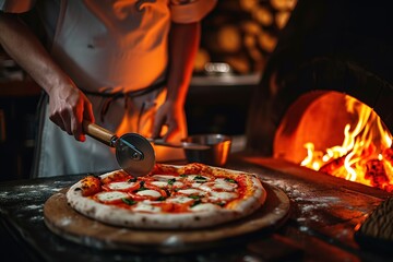 Chef hands using pizza cutter knife over hot italian pizza. Fast food concept. - obrazy, fototapety, plakaty