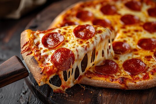 A slice of hot Italian pizza with stretching cheese. Pizza pepperoni on a dark wooden background