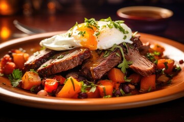 The camera lens lovingly captures the contrasting textures and rich flavors of a gourmet brisket hash. The gently poached eggs atop a bed of tender, mixed vegetables and perfectly seared