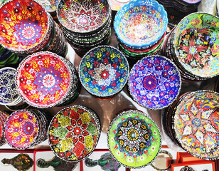 Decorative handmade ceramic plates in Istanbul grand bazaar market. Turkey