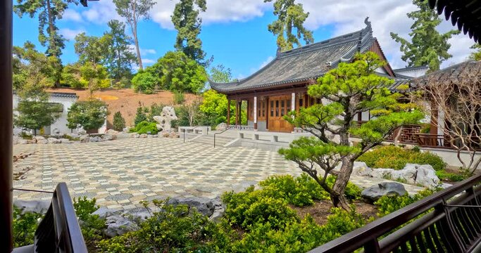 Zen temple in scenic Chinese gardens in side Huntington Botanical gardens in Pasadena, California.