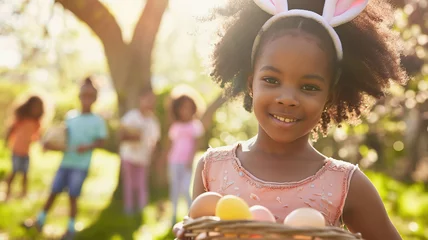 Fotobehang Little black girl enjoying Easter egg hunt outdoors © lermont51