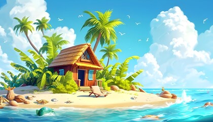 Little Cabin on the Island. Cabin, Coconut Tree, Beach Chair. Fantastic Realistic Cartoon Style Scene
