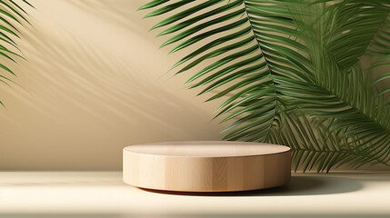 wooden round smooth grain podium table curved green tropical palm tree in sunlight, leaf shadow on blank green wall for luxury organic cosmetic, skincare