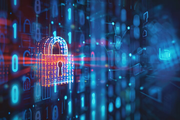 Digital padlock on futuristic cyber security interface