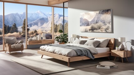 Spacious scandi bedroom interior with large windows for beautiful views and minimalist decor