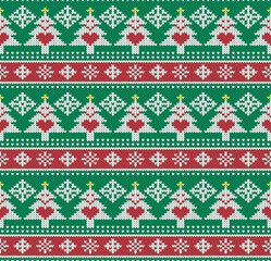 Christmas tree with star on top and lots of Snowflake Knitting Seamless Pattern. Vector illustration.
