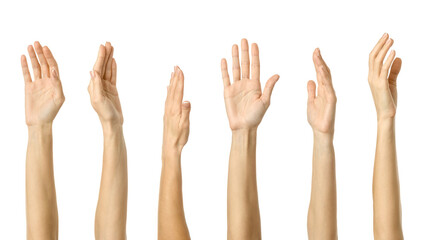 Hands in the air. Multiple images set of female caucasian hand with french manicure showing Hands...