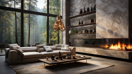Spacious villa interior with cement effect walls, fireplace, windows and sofa