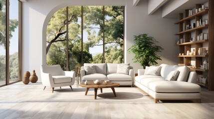 Spacious white room with patterned carpet, sofa and armchairs, cupboard, bookshelves and window