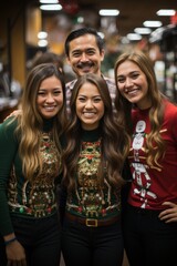 Fototapeta premium Group of office employees donning holiday-themed costumes and spreading holiday cheer during the Christmas party, Generative AI