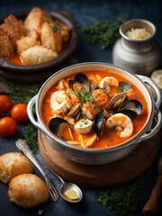 French bouillabaisse stew, full of Mediterranean seafood and tomatoes, cinematic food photography 