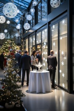 Office conference room transformed into a winter wonderland for a Christmas party, with colleagues mingling and enjoying the festive decor, Generative AI