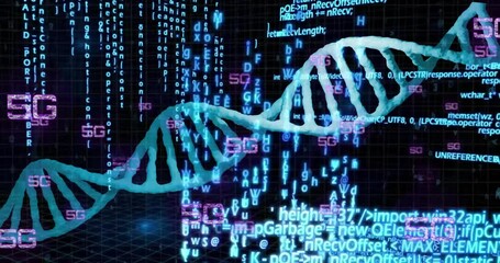 Animation of dna strand over data processing with 5g on black background - Powered by Adobe