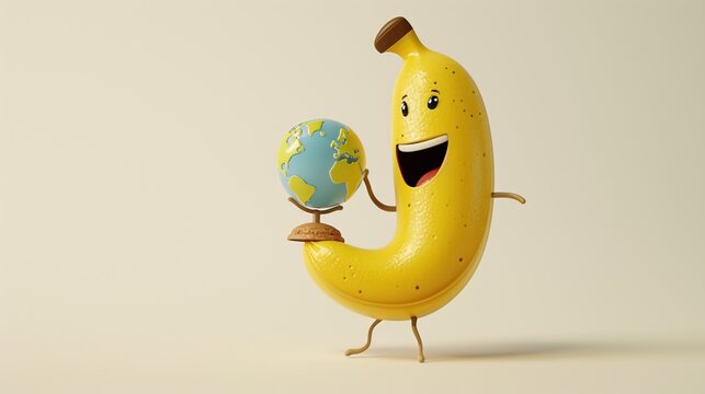 A happy banana character with a small globe, pretending to travel the world, on a plain off-white background.