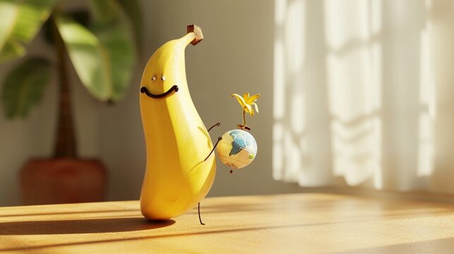 A happy banana character with a small globe, pretending to travel the world, on a plain off-white background.