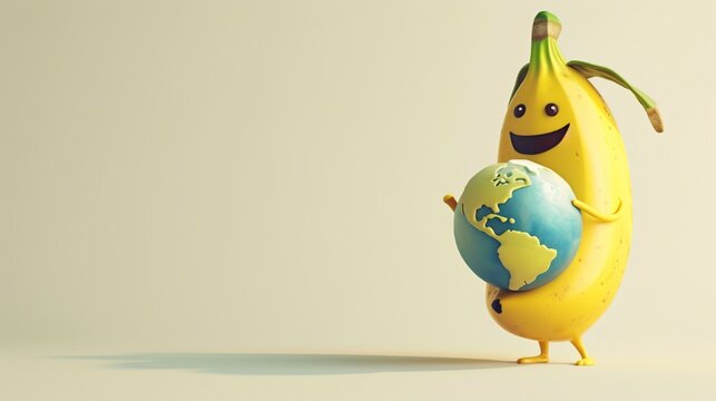 A happy banana character with a small globe, pretending to travel the world, on a plain off-white background.