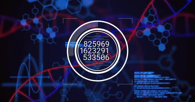 Animation of data processing over sna strands on black background