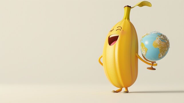 A happy banana character with a small globe, pretending to travel the world, on a plain off-white background.