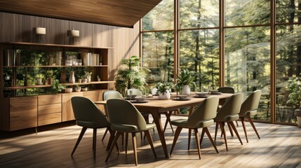 Botanical style interior of the dining room and kitchen