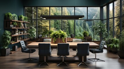 Stylish and botanical office room interior, wooden table, chairs, plants, windows, paintings