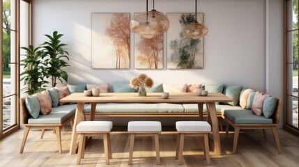stylish and eclectic dining room with paintings, chairs, tables, lamps and sofas. White walls, wooden parquet.