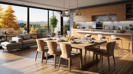 Stylish apartment interior with modern kitchen and dining room with sofa and window