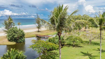 Palm trees, bushes grow in a tropical garden on the ocean shore. There is green grass on the lawn. A pedestrian wooden bridge passes over a quiet river. Blue sky, clouds, turquoise sea in the distance