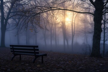 Lonely bench in a foggy park at dawn